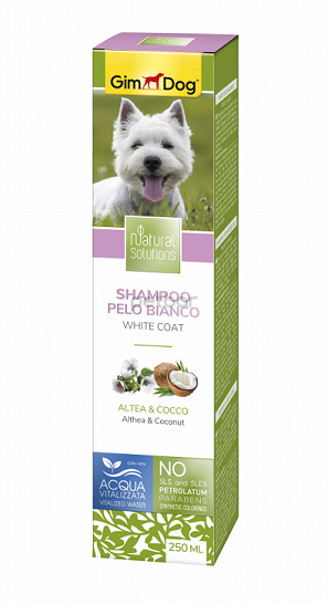 Шампоан за кучета с бяла и светла козина  продукт от линията Natural Solutions на GimDog  с лечебна ружа и кокосов орех 250 ml