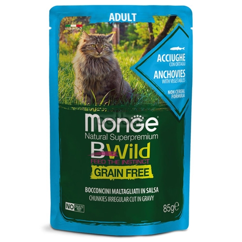 Monge BWILD Grain Free Adult – Пауч с аншоа и зеленчуци, без зърно, за котки над 1 г., 12бр х 85 гр.