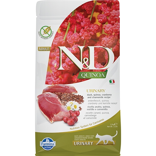 N&D QUINOA URINARY с патешко месо – Пълноценна храна за котки в зряла възраст с патешко месо, киноа, червена боровинка и лайка 1.5 кг.