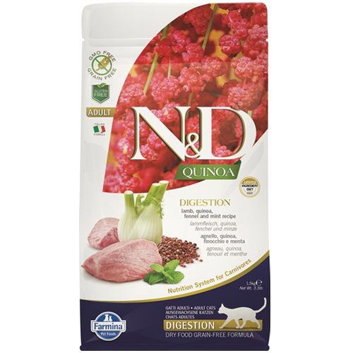 N&D QUINOA DIGESTION – Пълноценна храна за котки в зряла възраст с агнешко, киноа, копър, мента и артишок 1.5 кг.