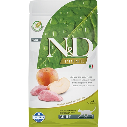 N&D Prime Adult - Пълноценна храна за котки в зряла възраст над 1 г. с глиганско месо и ябълка 1.5 кг.