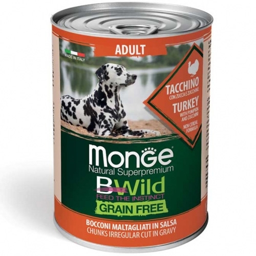 Monge BWILD Adult Grain Free Turkey Pumpkin & Zucchini- Консерва с пуйка, тиква и тиквички за кучета над 1г., 12 бр. х 400 гр.