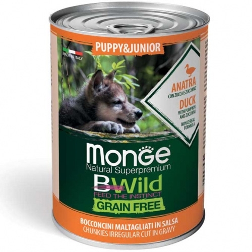 Monge BWILD Puppy/Junior Grain Free Duck Pumpkin & Zucchini- Консерва с патица, тиква и тиквички за кучета под 1г., 12 бр. х 400 гр.