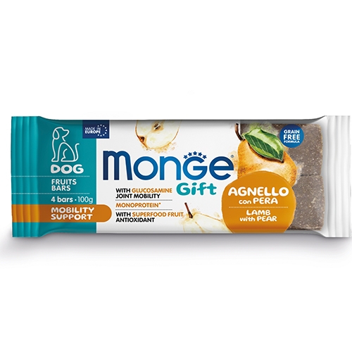 Monge Gift Fruit Bars Mobility Support – Лакомства за кучета за грижа за ставите с агнешко и круша, 0.100 кг.