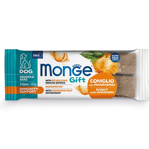 Monge Gift Granola Bars Immunity Support - Гранола барчета за подсилване на имунитета със заешко и мандарина, 120 гр.