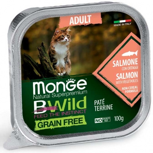 Monge BWILD Grain Free Adult - Пастет терин без зърно със сьомга и зеленчуци за котки над 1 г., 12бр. х 100 гр.