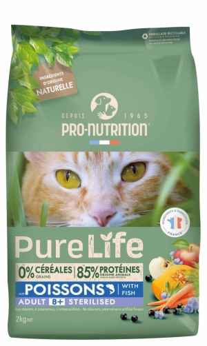 Pure Life Cat STERILIZED 8+  - Суха храна за кастрирани котки над 8 г., с патешко и бяла риба, без зърно и глутен, 2 кг.